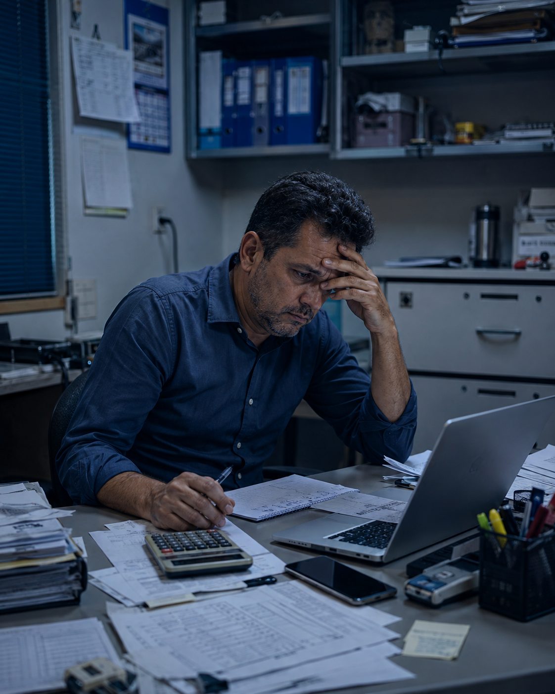 Dono de empresa à mesa cheia de papéis, mão na testa, calculadora e notebook abertos no fim do expediente