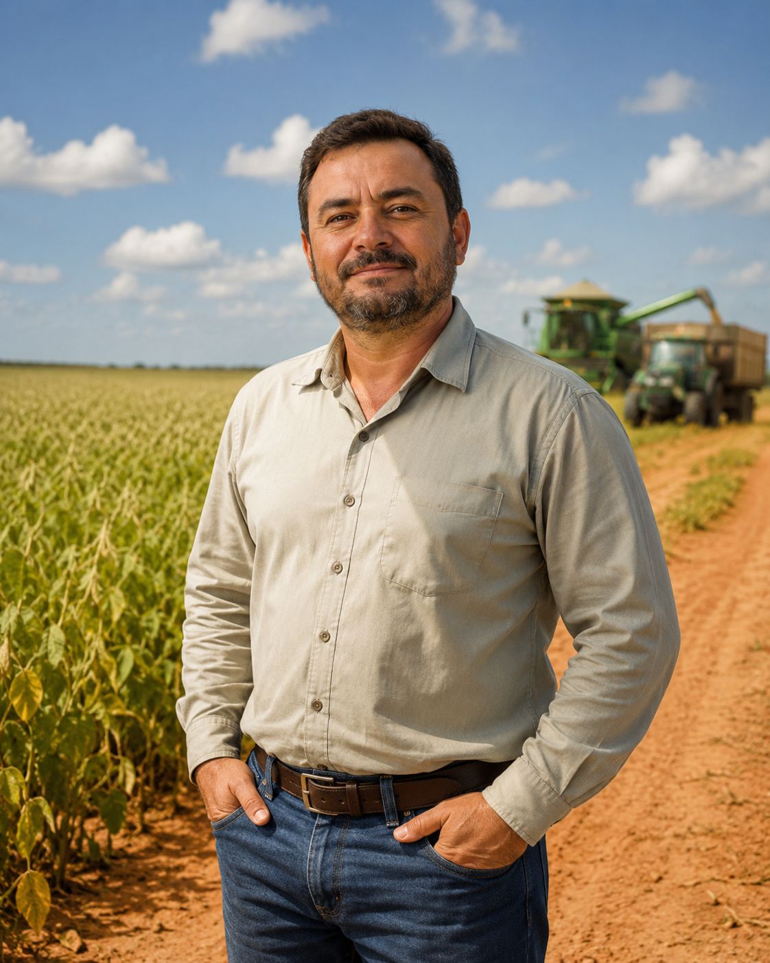 Produtor rural na beira da lavoura de soja, com colheitadeira trabalhando ao fundo